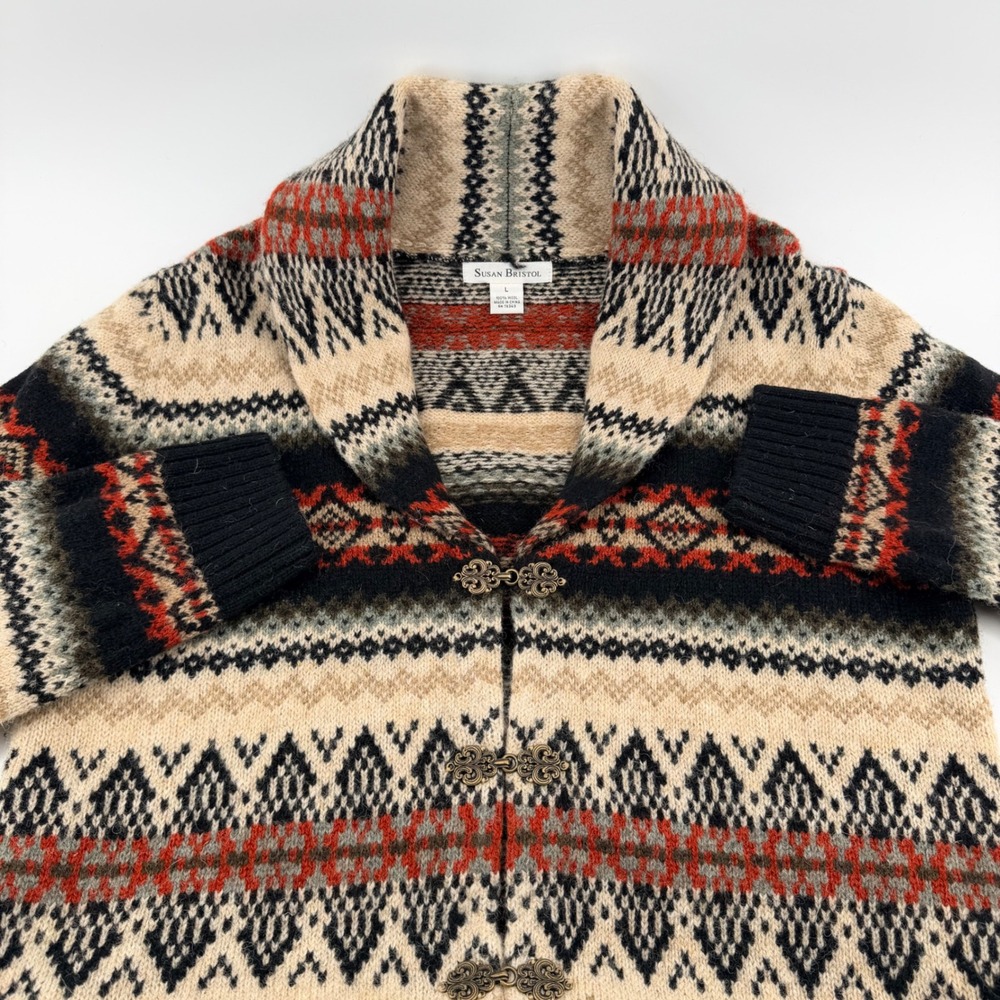 Susan Bristol Fair Isle Wool Cardigan Shawl Collar Metal Clasp L Beige Black